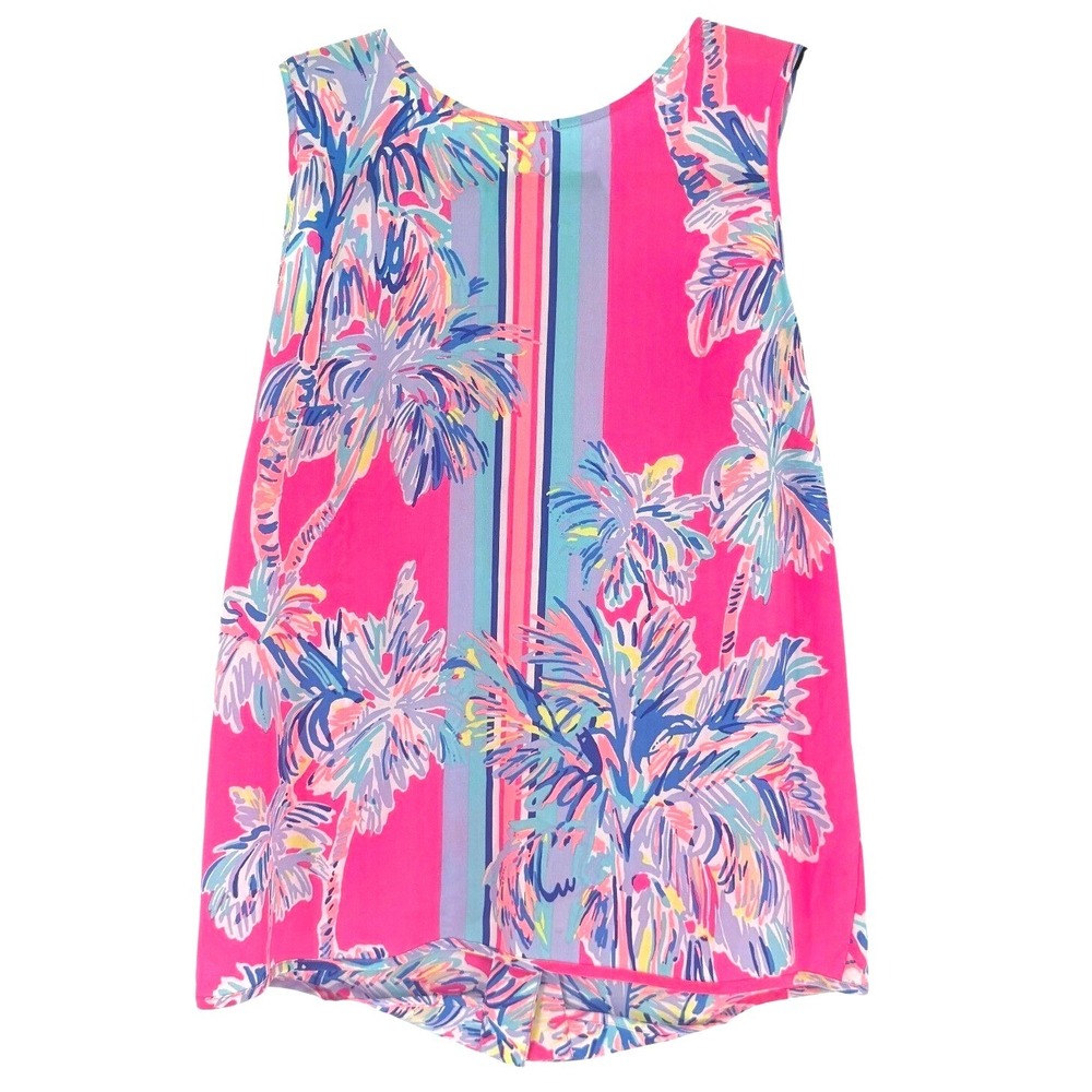 Lilly Pulitzer Pink Silk Tropical Palm Beach Stripe Button Back Top XS